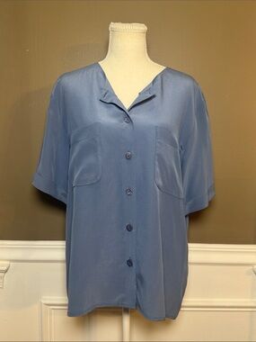 Vintage Henry White Ireland 100% Silk Blue Button Front Blouse 14